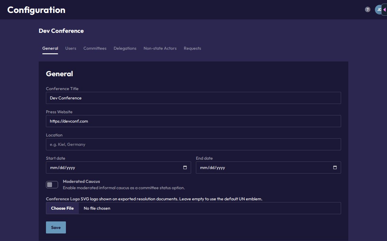 The General configuration tab, showing conference title, dates, location, Moderated Caucus toggle, and logo upload