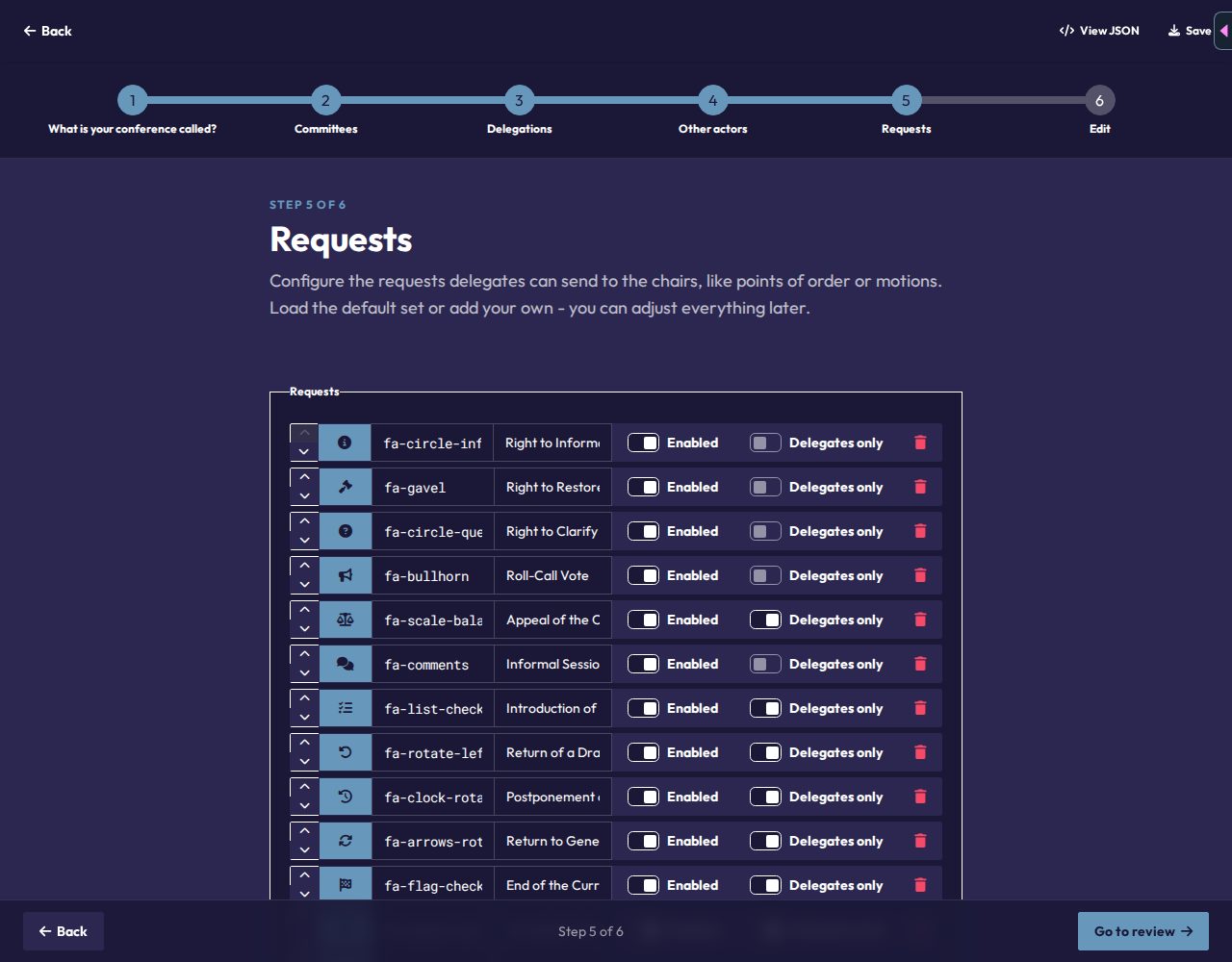 The Requests step of the import wizard with the default request types loaded
