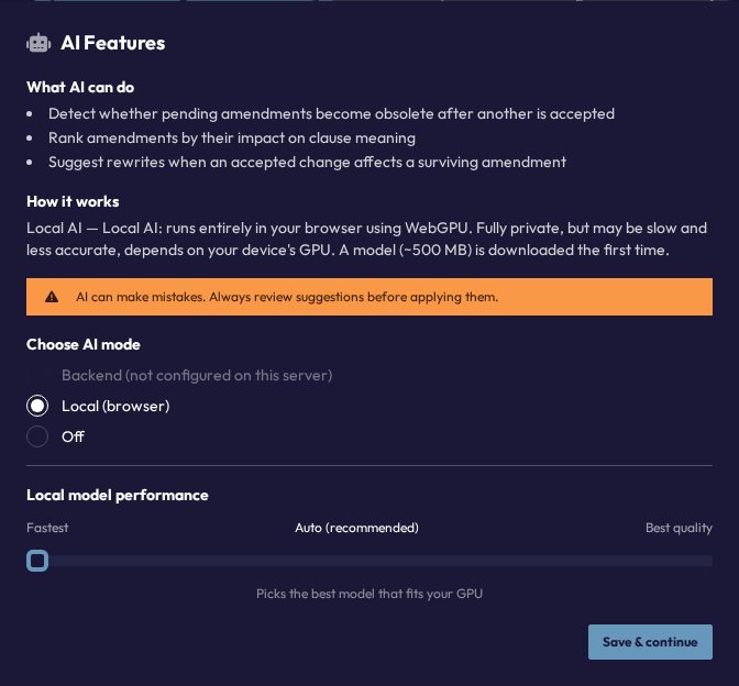 The AI onboarding modal, offering Backend, Local (browser) or Off as AI modes
