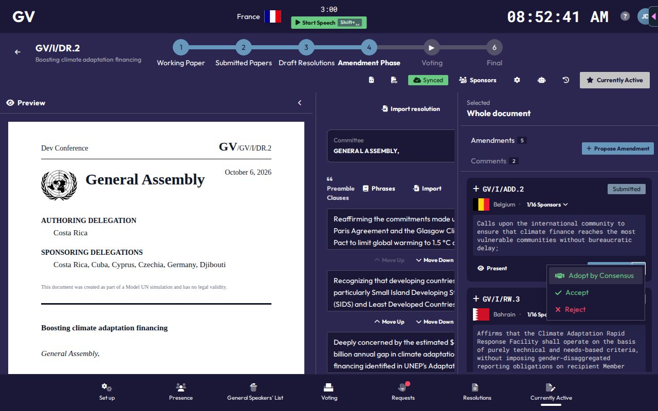 The decide menu for an amendment, showing Adopt by Consensus, Accept, and Reject