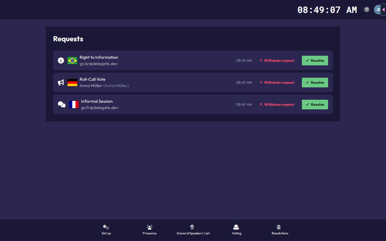The chair Requests page, listing pending requests with Resolve and Withdraw request buttons