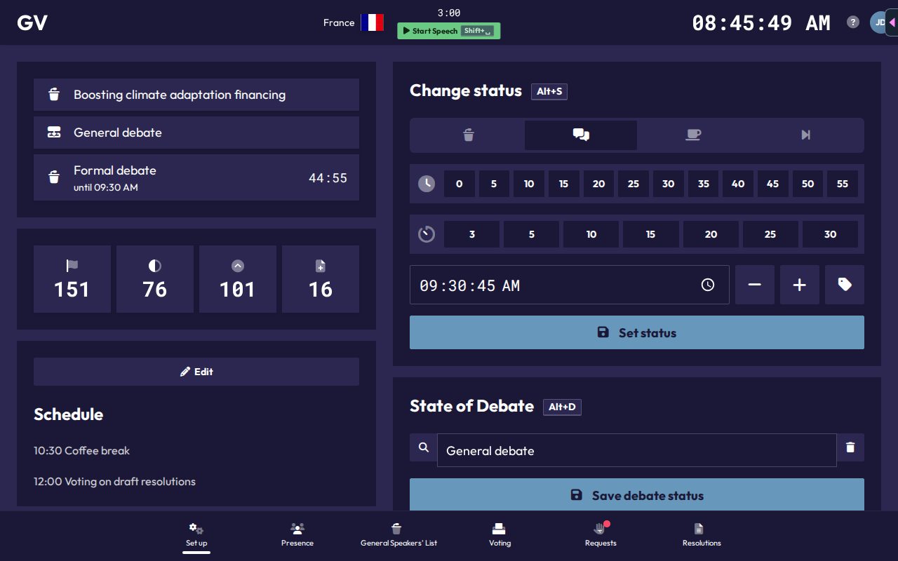 The Change status panel, showing status tabs and quick time-pick grids