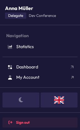 The menu open, showing the signed-in user's name, role, Statistics, Dashboard, "My Account", and "Sign out"