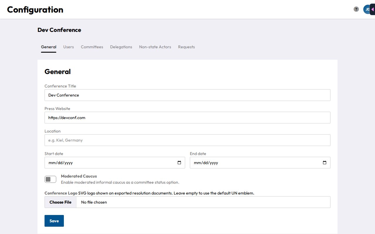 The General configuration tab, showing conference title, dates, location, Moderated Caucus toggle, and logo upload