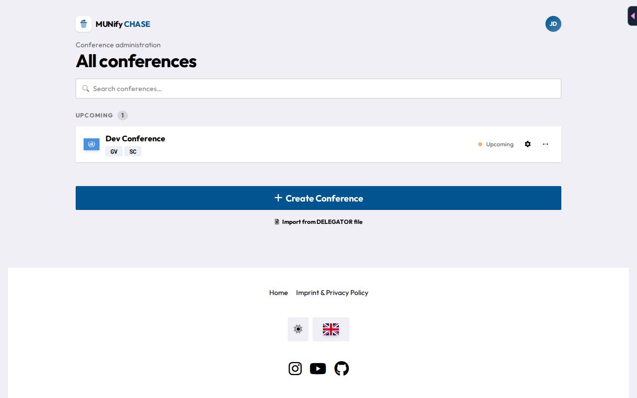 The Global Admin launcher listing all conferences grouped by Active, Upcoming and Past