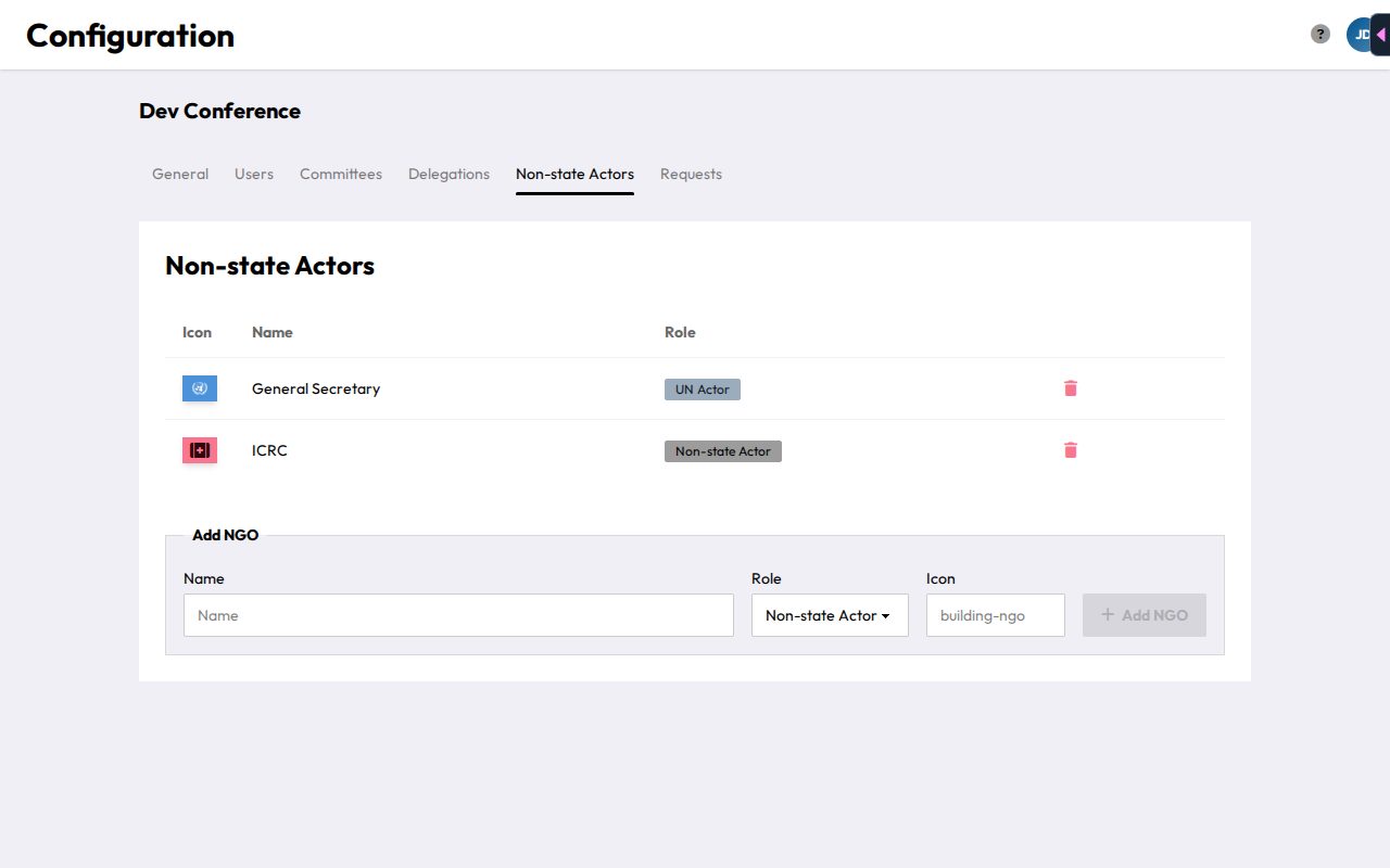 The Non-state Actors tab, listing the General Secretary and ICRC with their role types