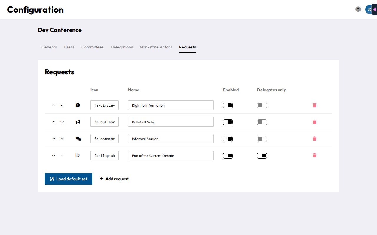 The Requests tab with request types, their icons, and the Enabled and Delegates only toggles