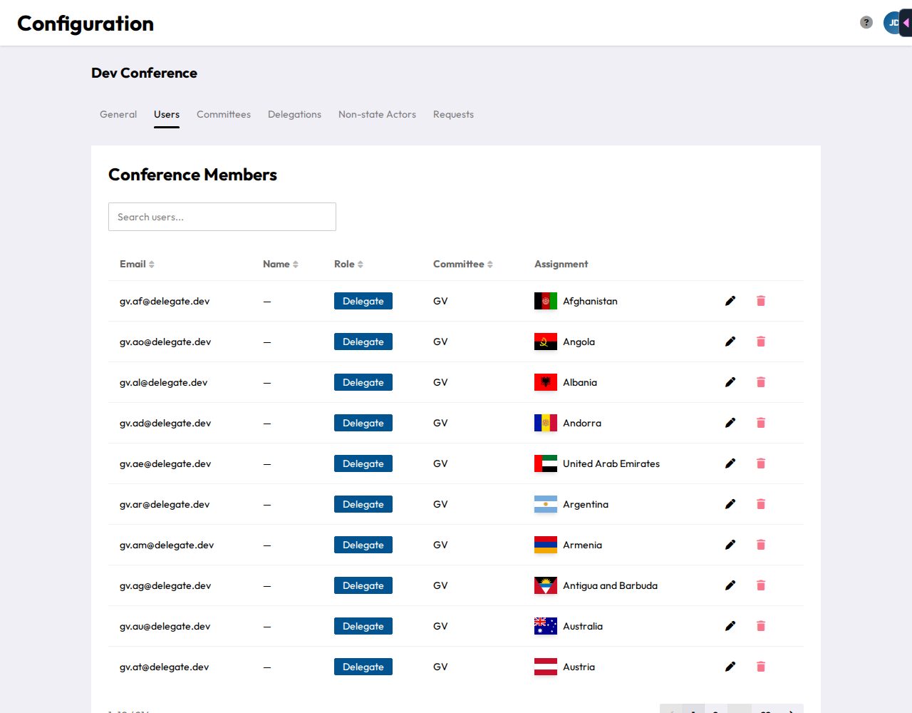The Users tab, listing conference members with their email, role, committee, and assignment, plus an Add Member form