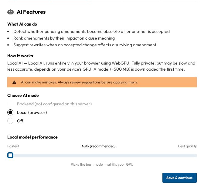 The AI onboarding modal, offering Backend, Local (browser) or Off as AI modes