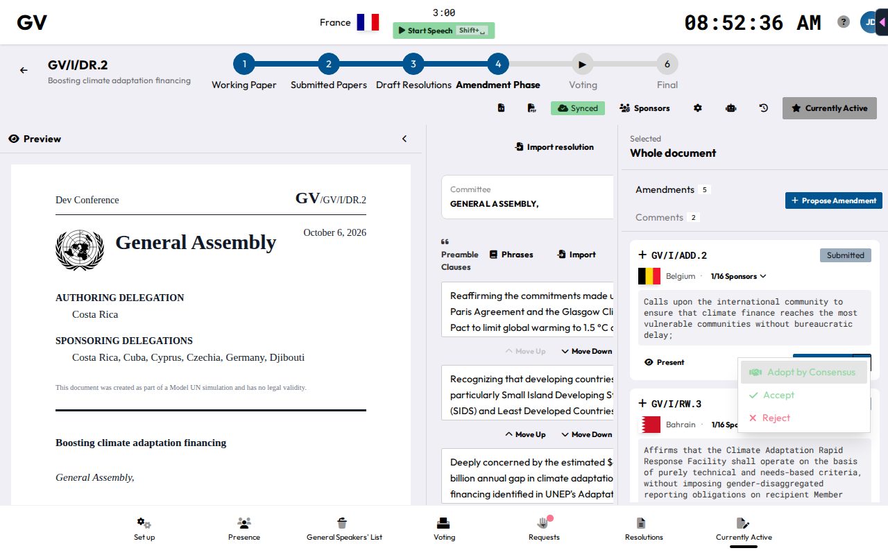 The decide menu for an amendment, showing Adopt by Consensus, Accept, and Reject