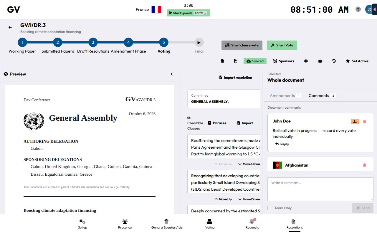 A draft resolution in the Voting step, with Start clause vote and Start Vote actions