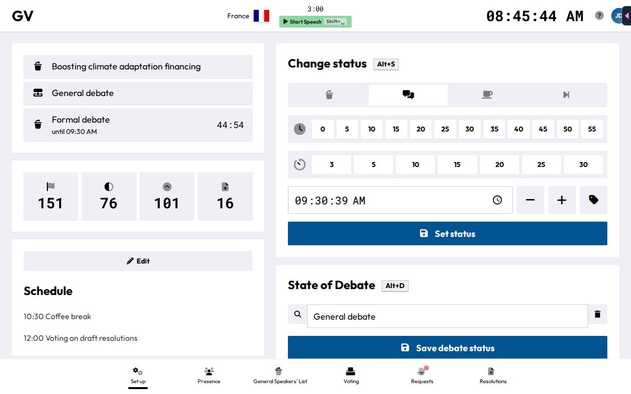 The Change status panel, showing status tabs and quick time-pick grids