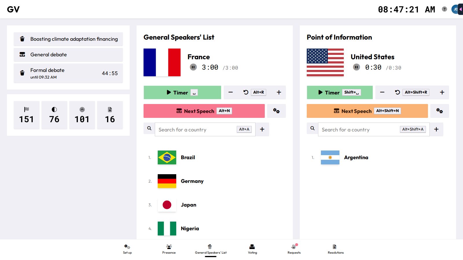 The chair speakers list page, showing timer controls, Next Speech, and search for both the general list and Point of Information queue