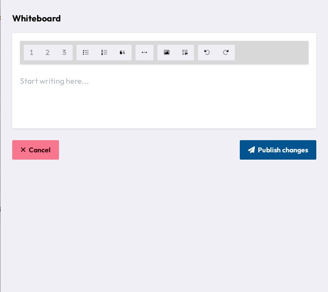 The whiteboard editor modal, with a formatting toolbar and an empty writing area